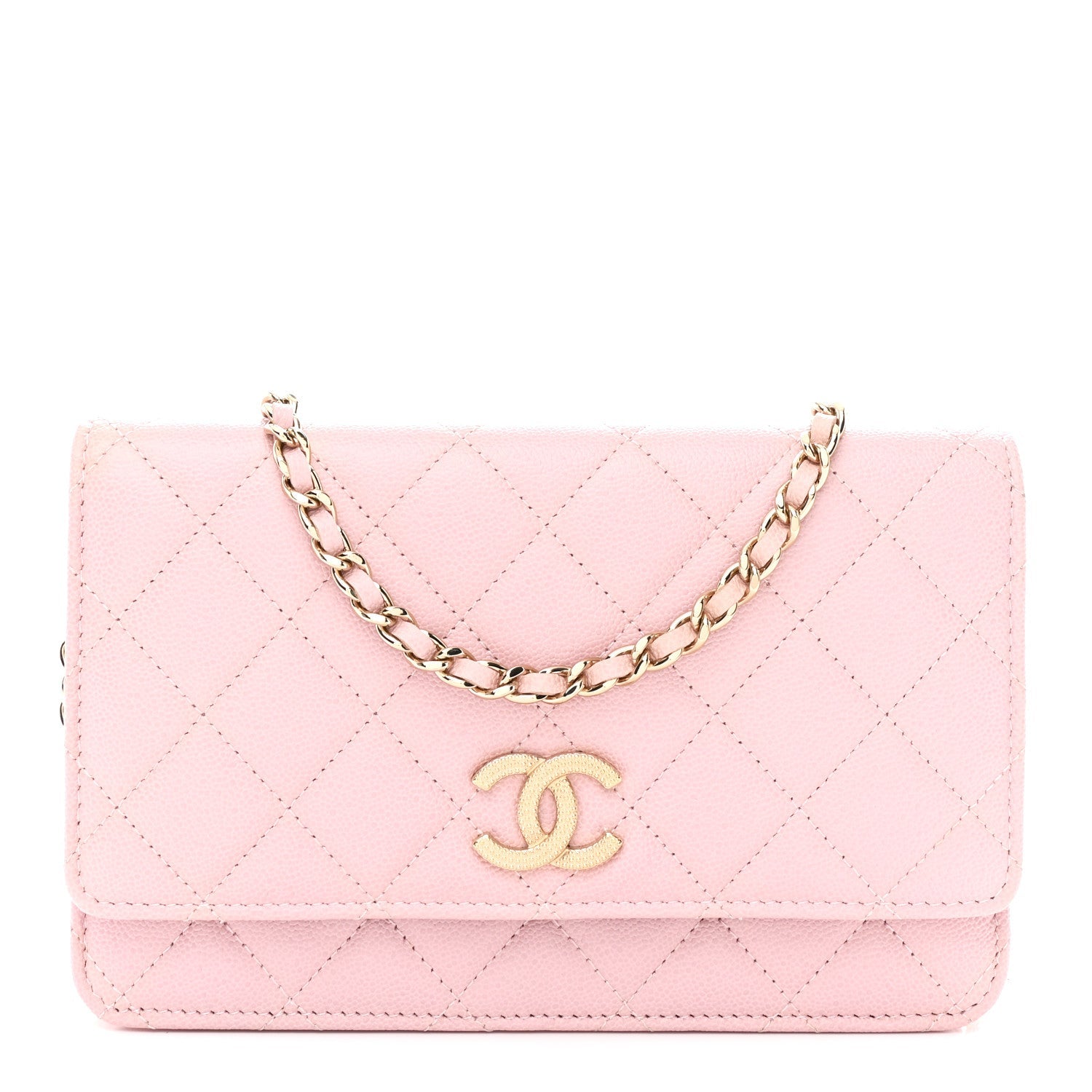 Caviar Quilted Studded CC Wallet on Chain WOC Light Pink
