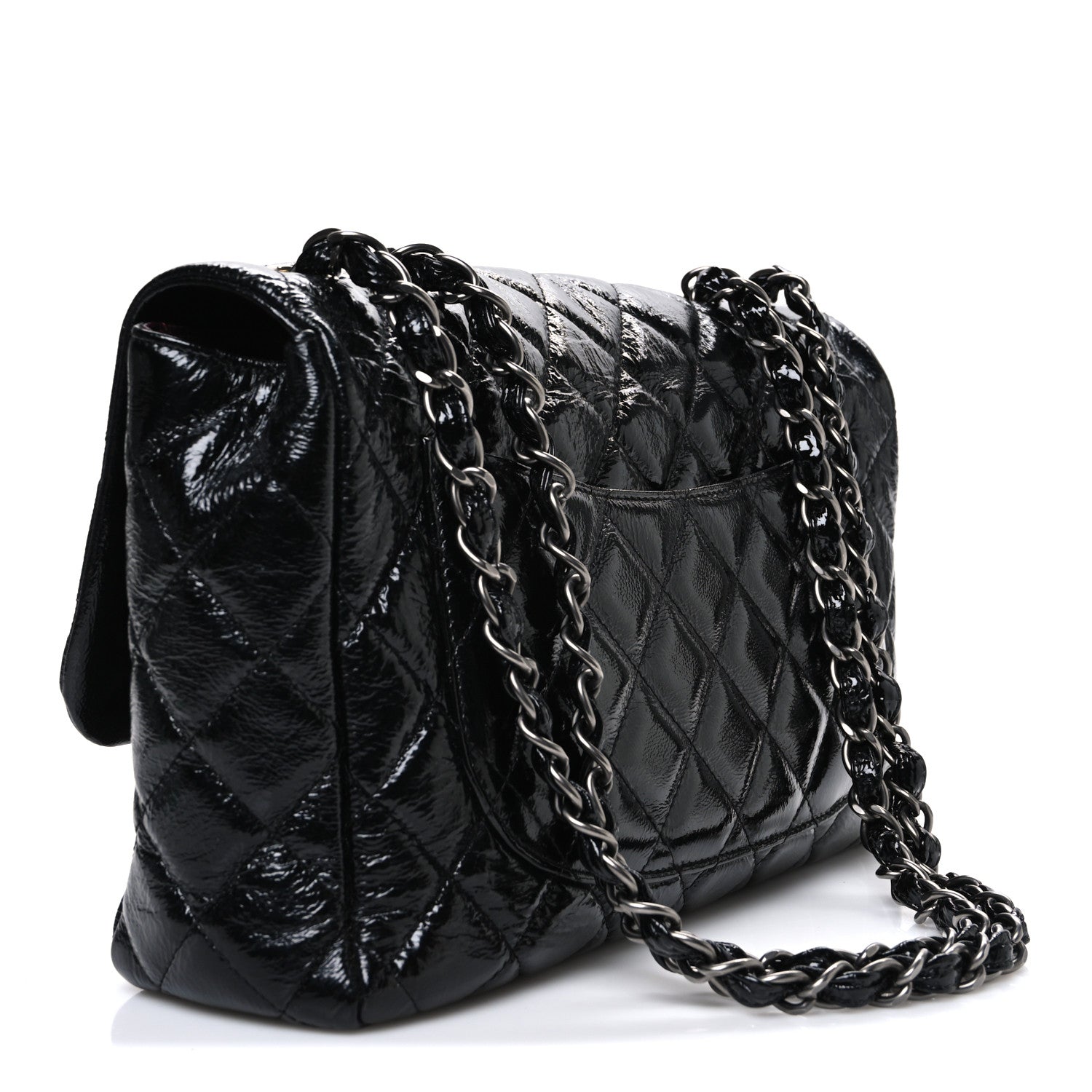 Crinkled Patent Quilted Jumbo Single Flap Black