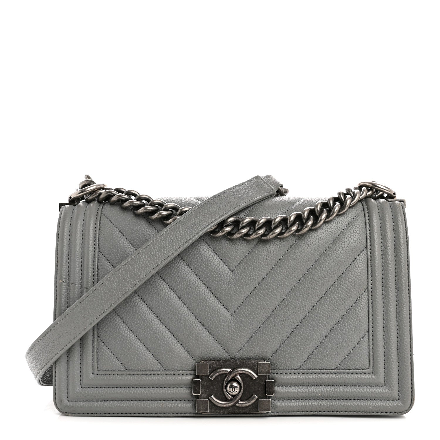 Caviar Chevron Quilted Medium Boy Flap Grey