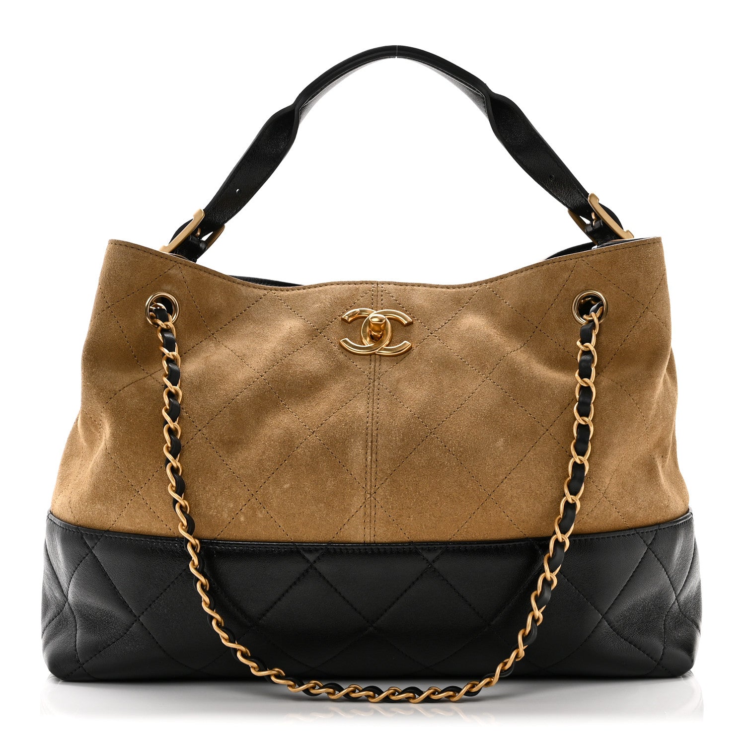 Suede Calfskin Shiny Lambskin Quilted Small Shopping Bag Beige Black