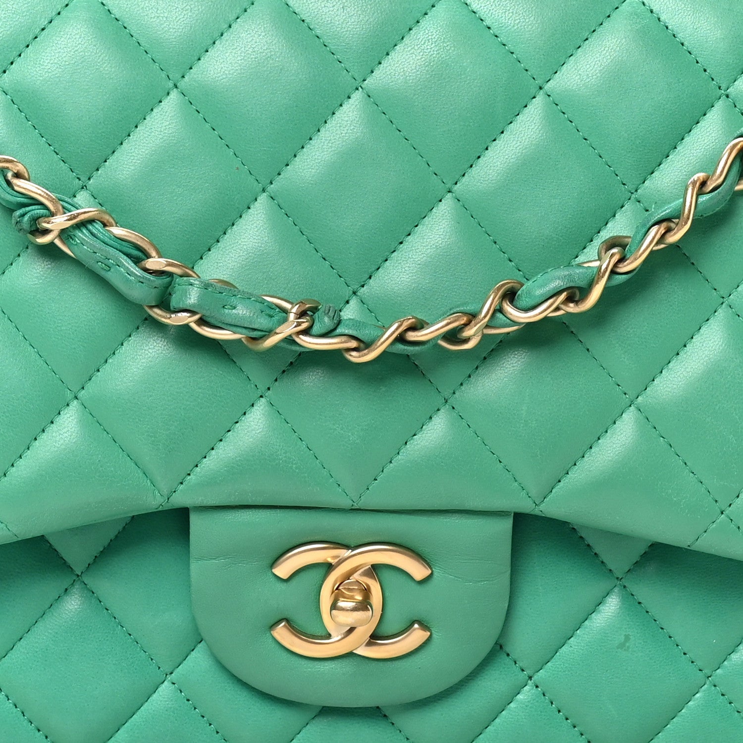 Lambskin Quilted Jumbo Double Flap Green