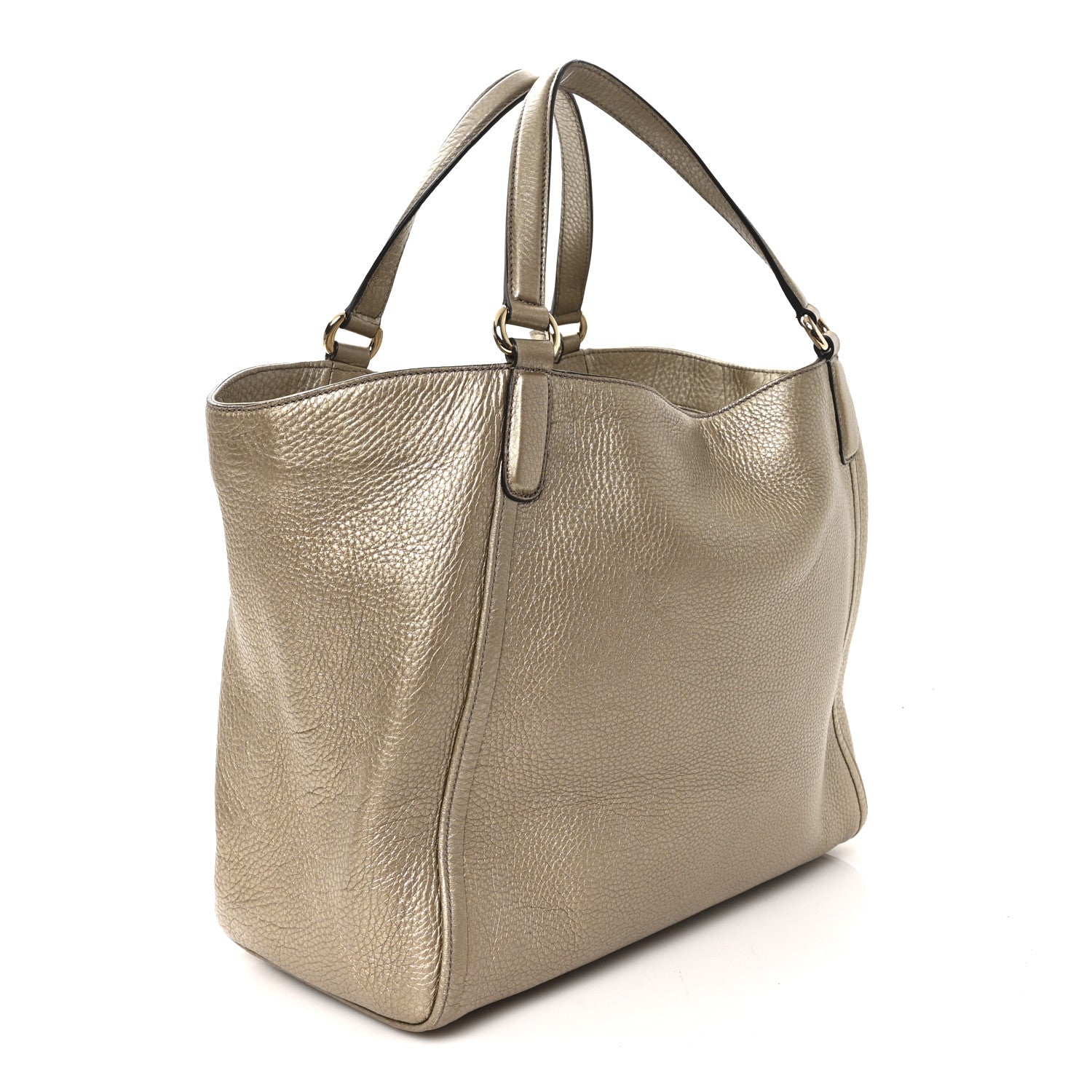Metallic Pebbled Calfskin Medium Soho Shoulder Bag Golden Beige