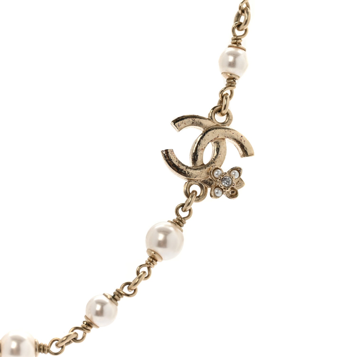 Pearl Crystal CC Flower Necklace Pearly White Light Gold