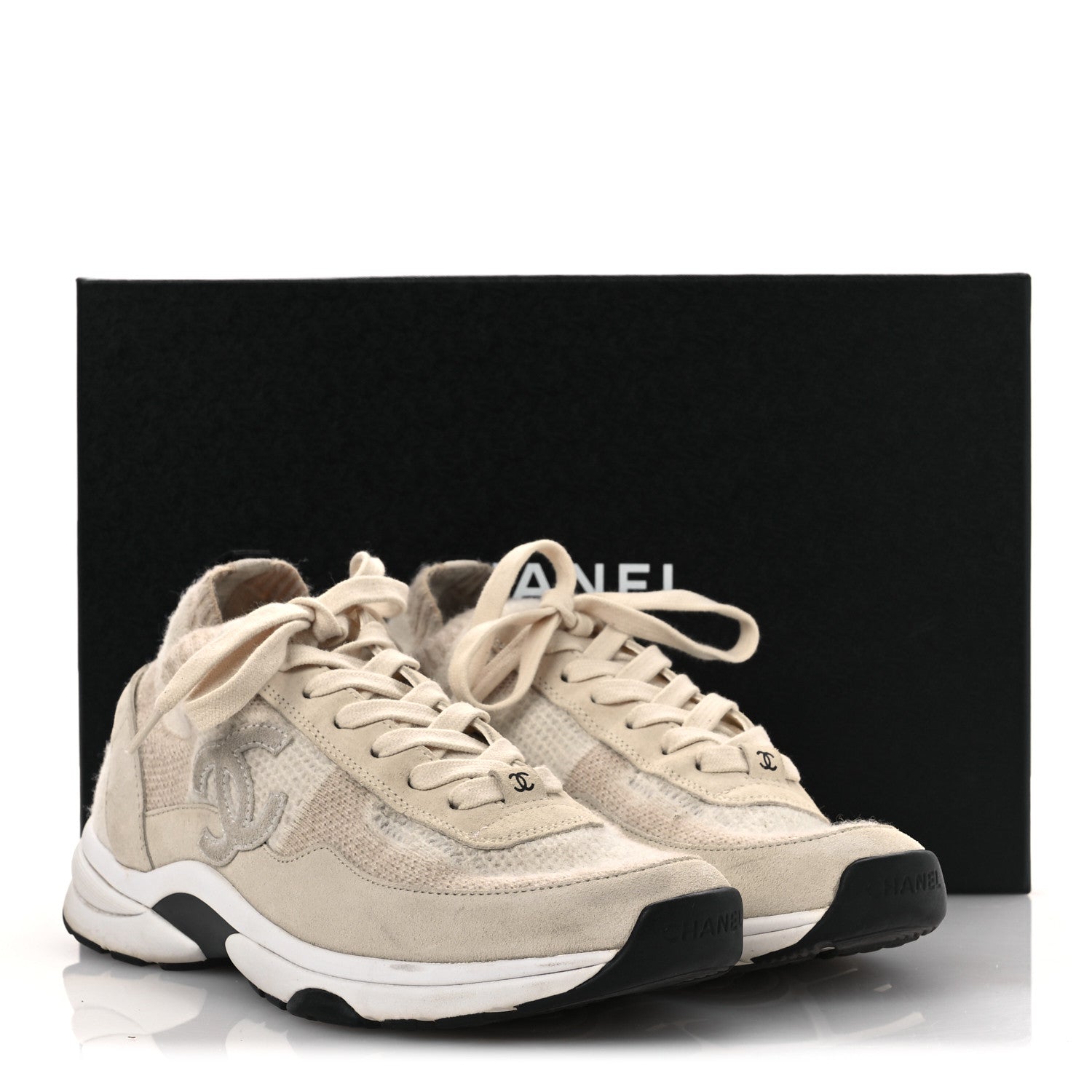 Knit Fabric Suede Calfskin Womens CC Sneakers 38.5 Ivory