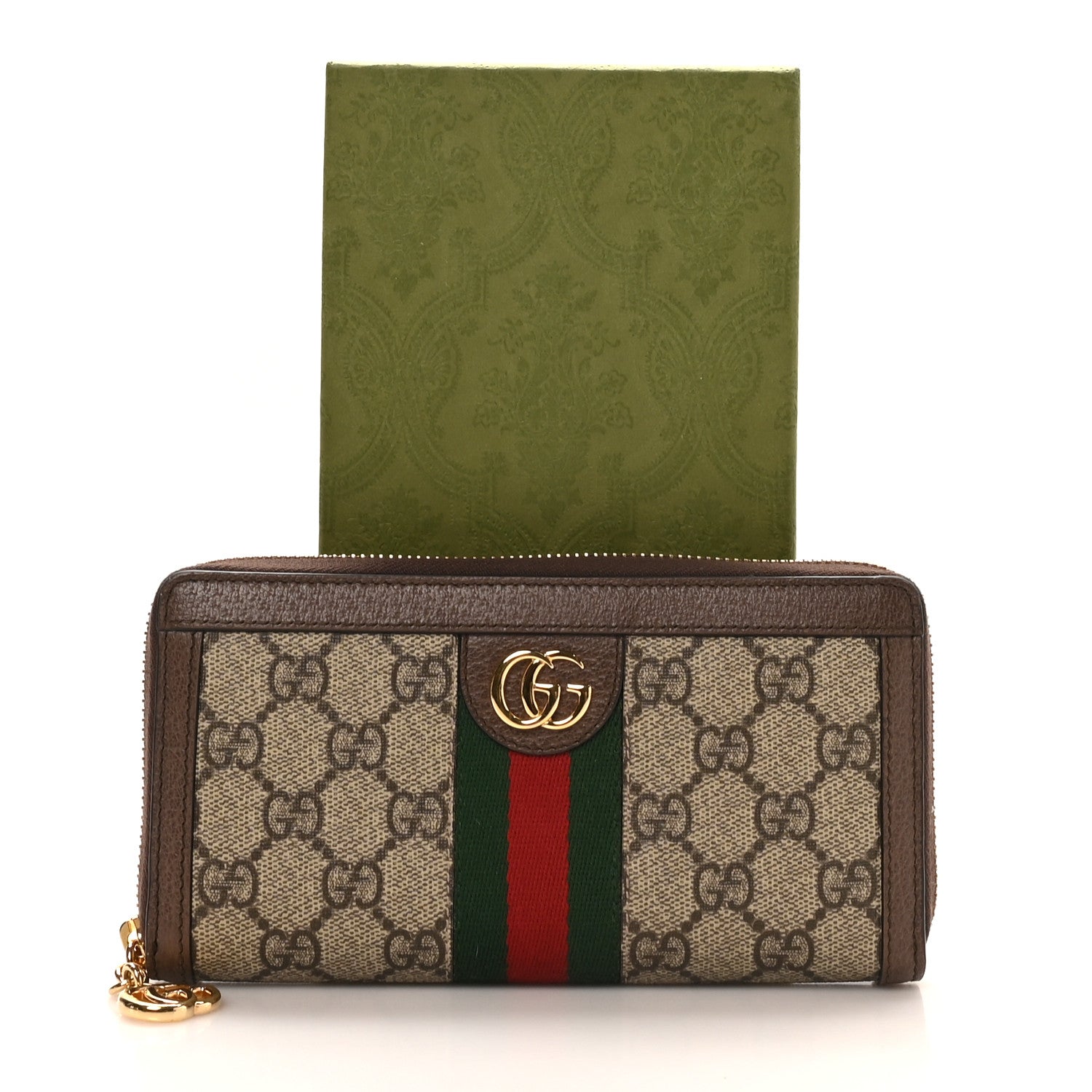 GG Supreme Monogram Web Ophidia Zip Around Wallet Brown