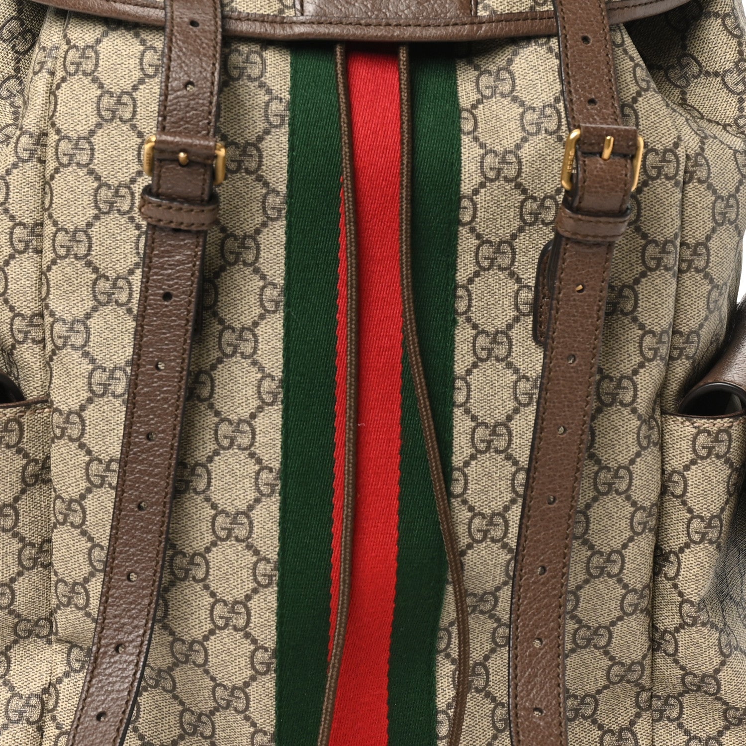 GG Supreme Monogram Medium Ophidia Double Buckle Backpack Brown