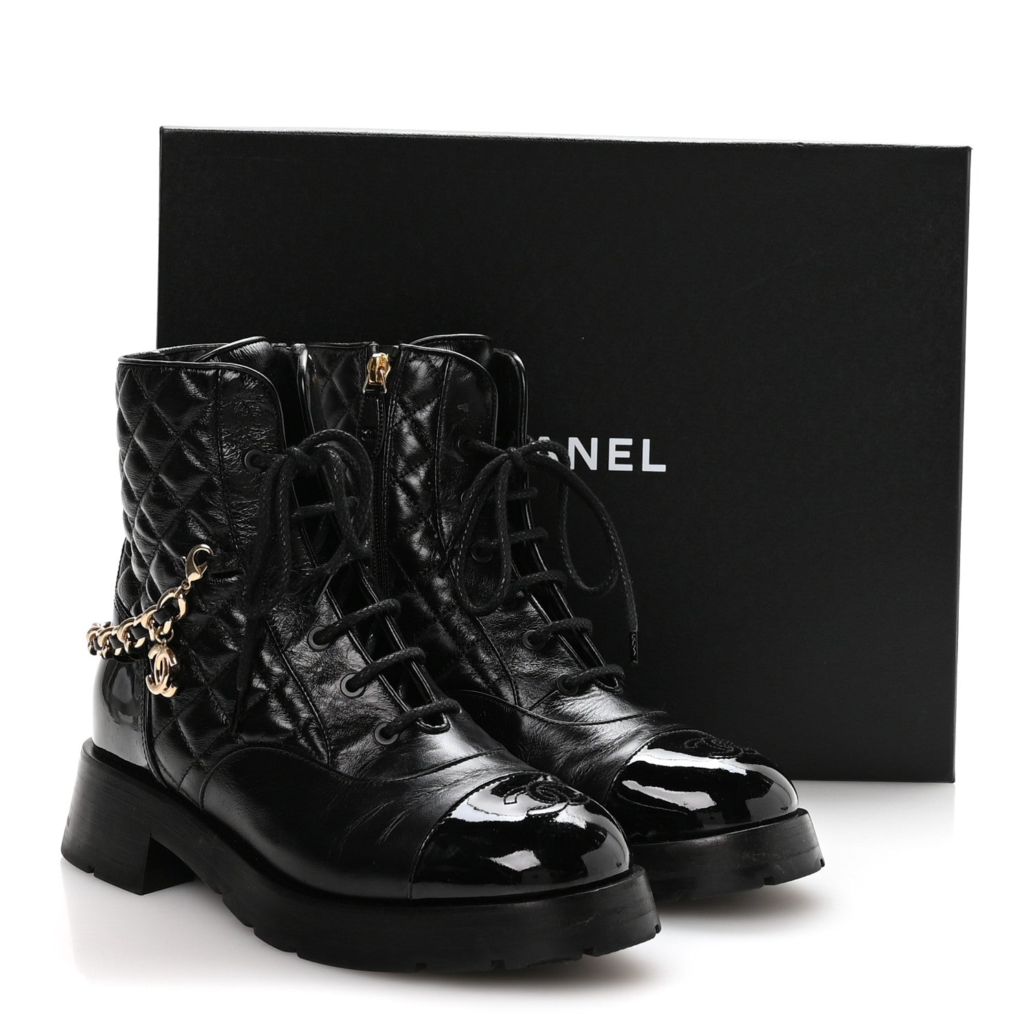 Shiny Calfskin Patent Quilted Chain Lace Up Combat Boots 40 Black