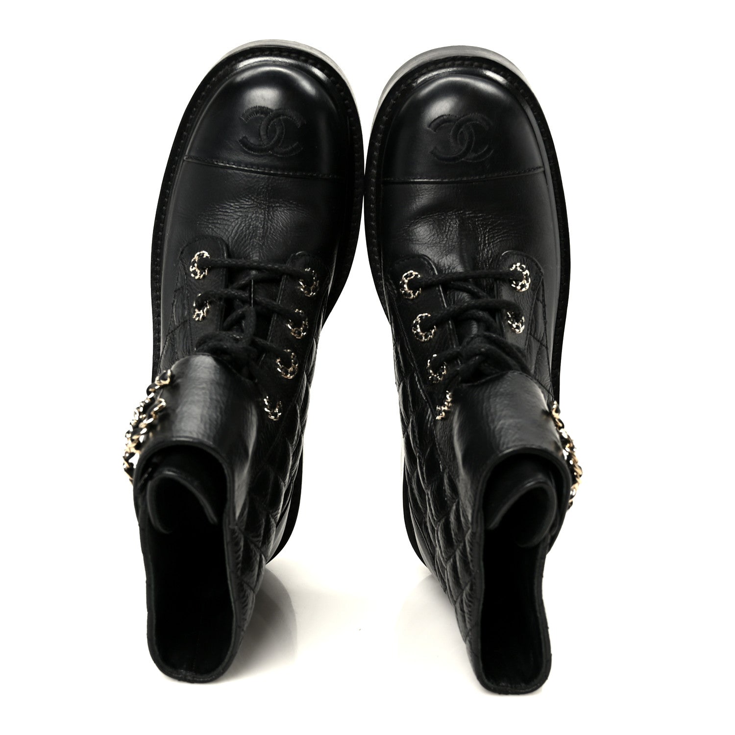 Shiny Goatskin Calfskin Quilted Lace Up Combat Boots 37.5 Black