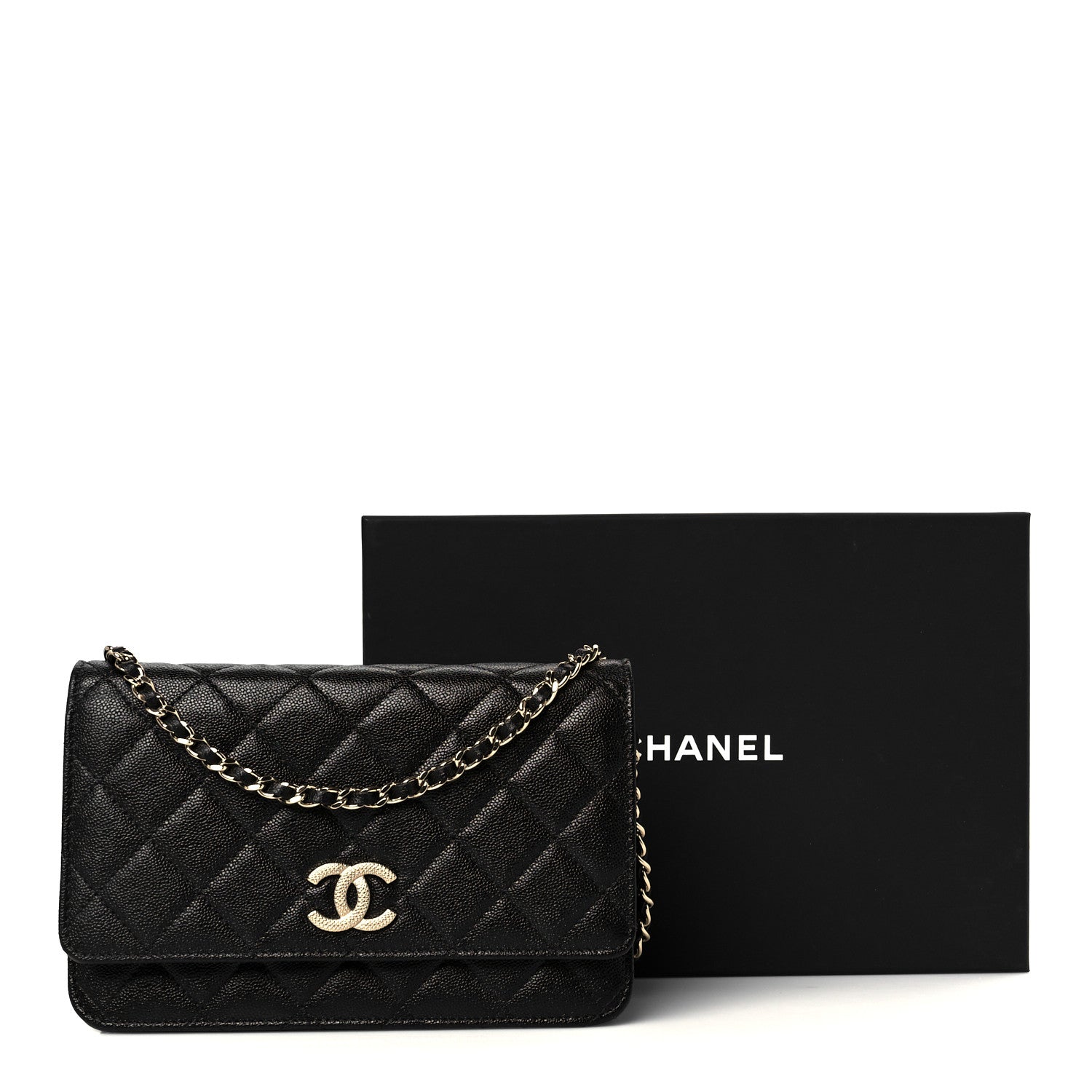 Caviar Quilted Studded CC Wallet on Chain WOC Black