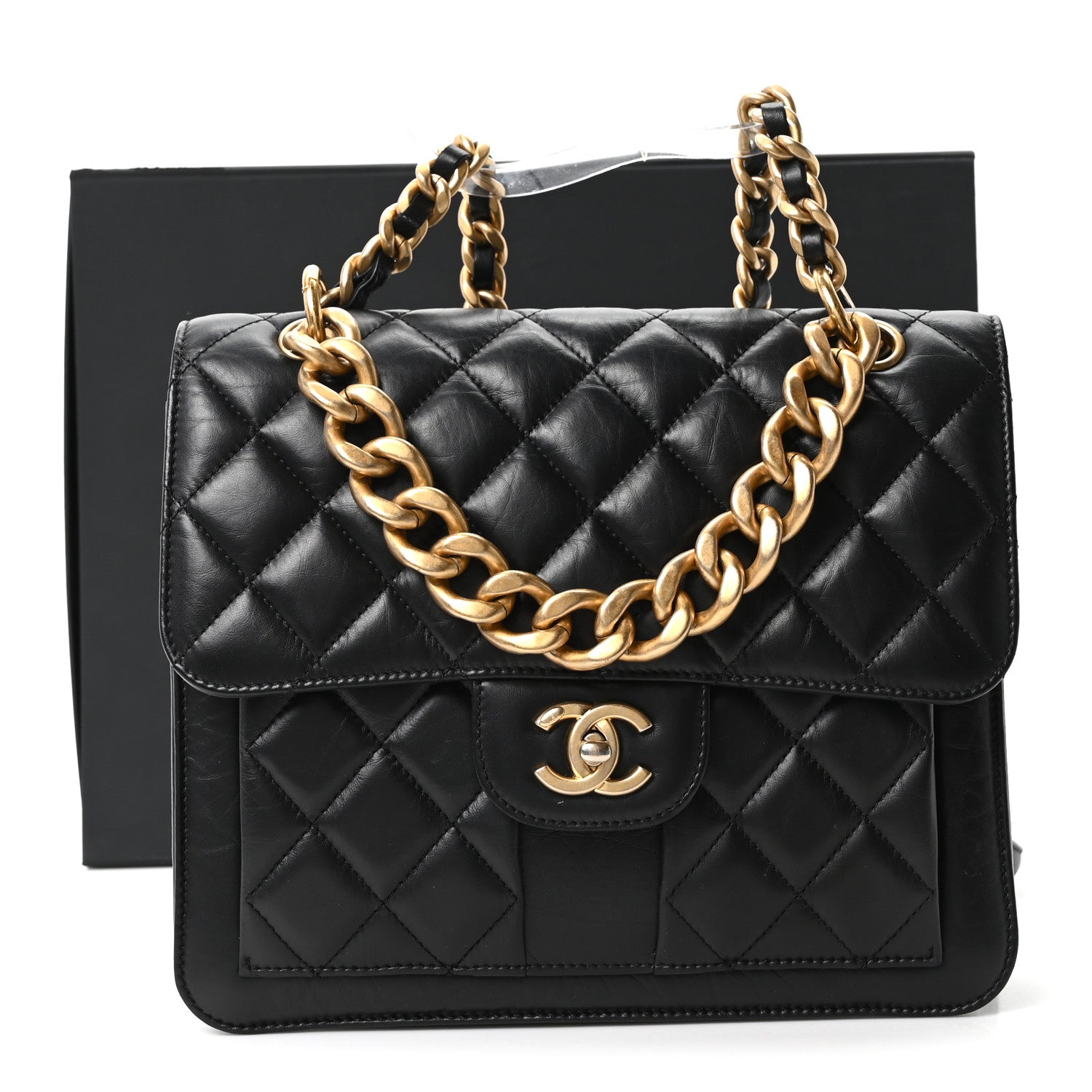 Aged Calfskin Quilted Double You Backpack Black