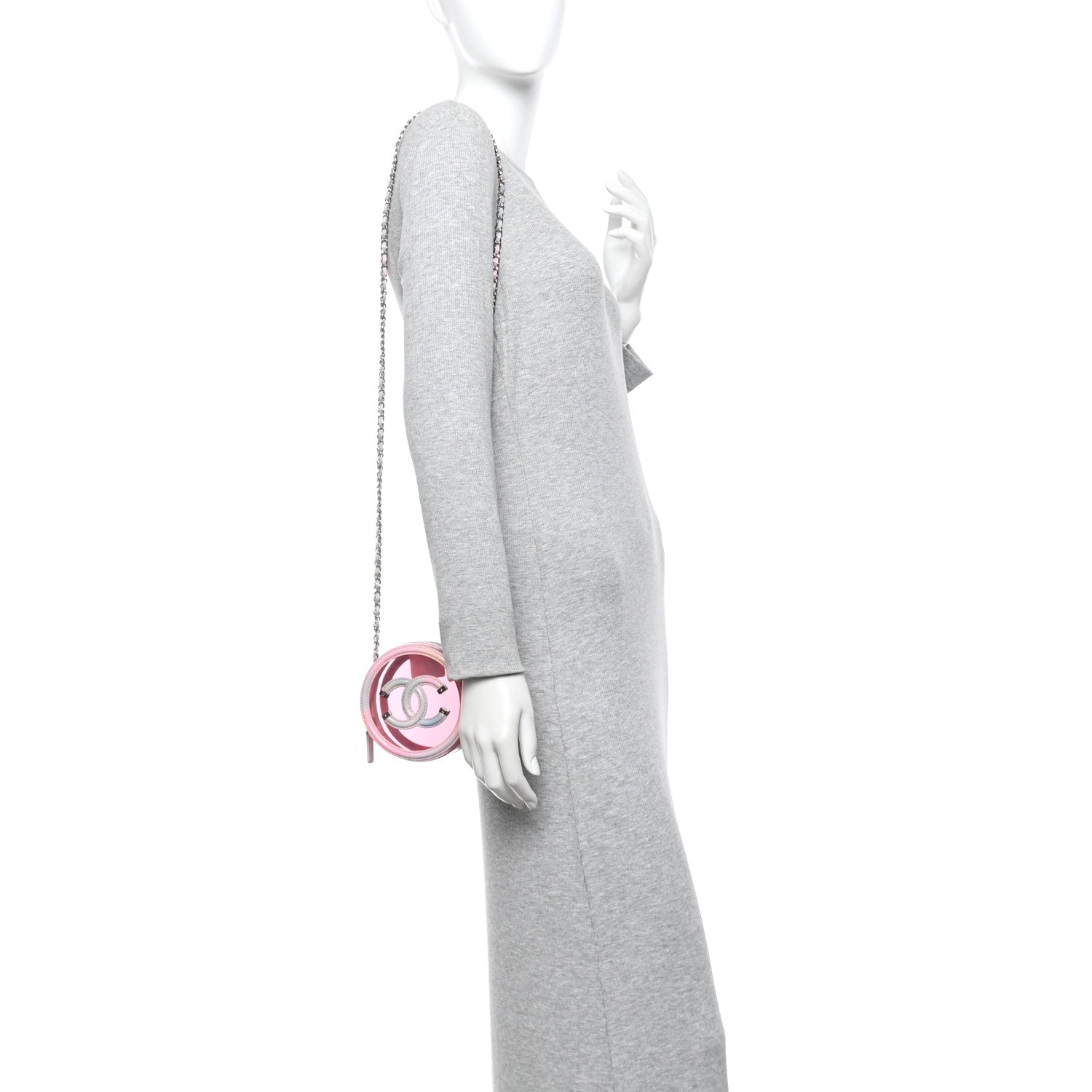 PVC Lambskin Filigree Round Clutch With Chain Pink