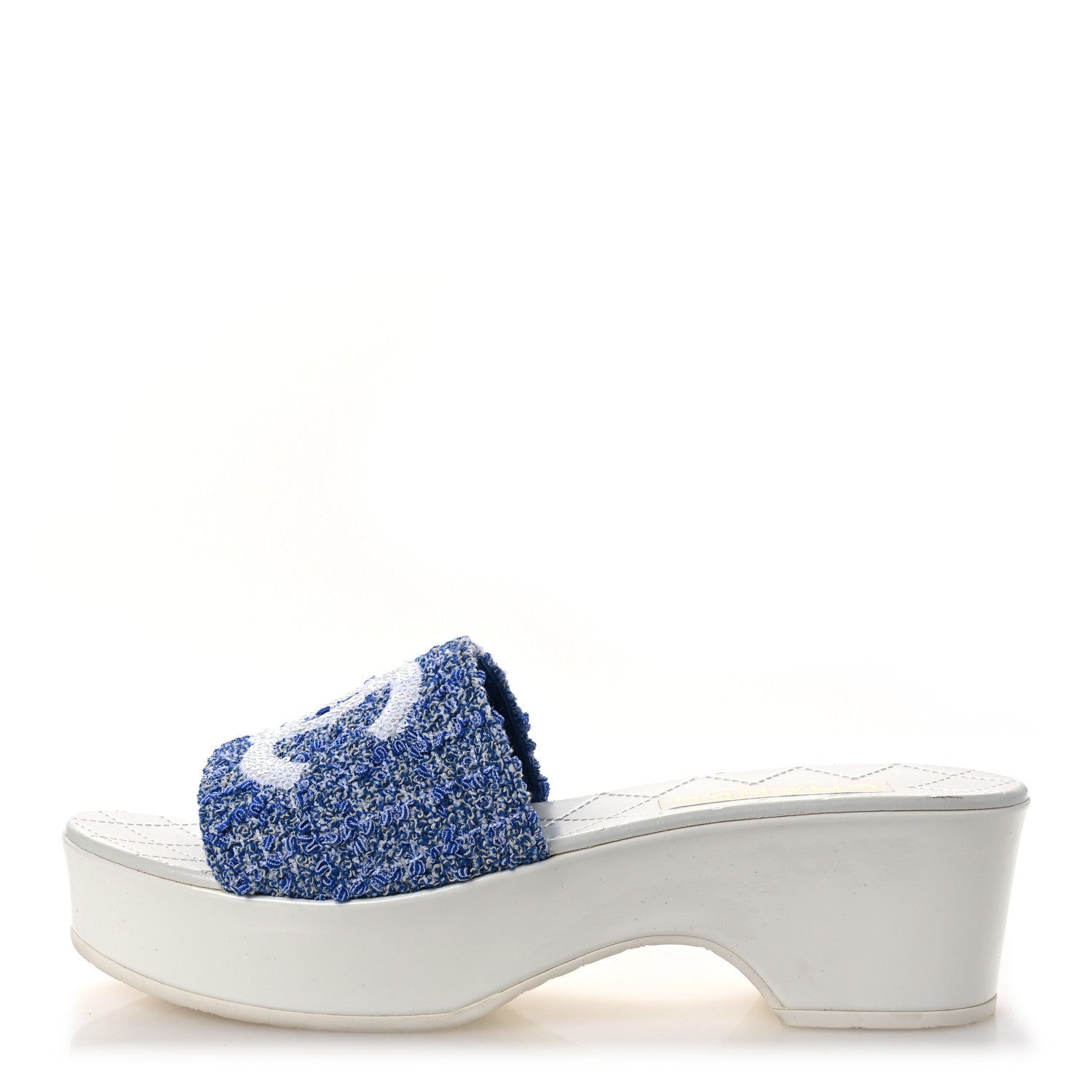 Tweed Sequin Patent Calfskin CC Mule Sandals 41 Blue White