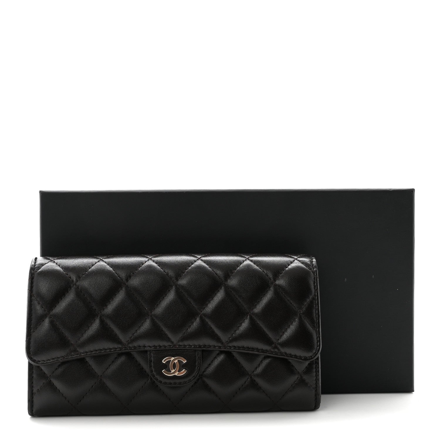 Lambskin Quilted Large Gusset Flap Wallet Dark Brown
