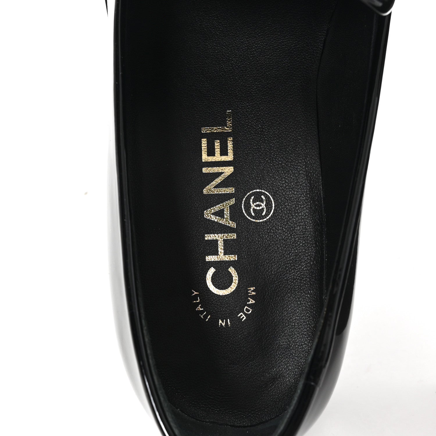 Patent Calfskin Metal CC Mocassin Loafers 38.5 Black