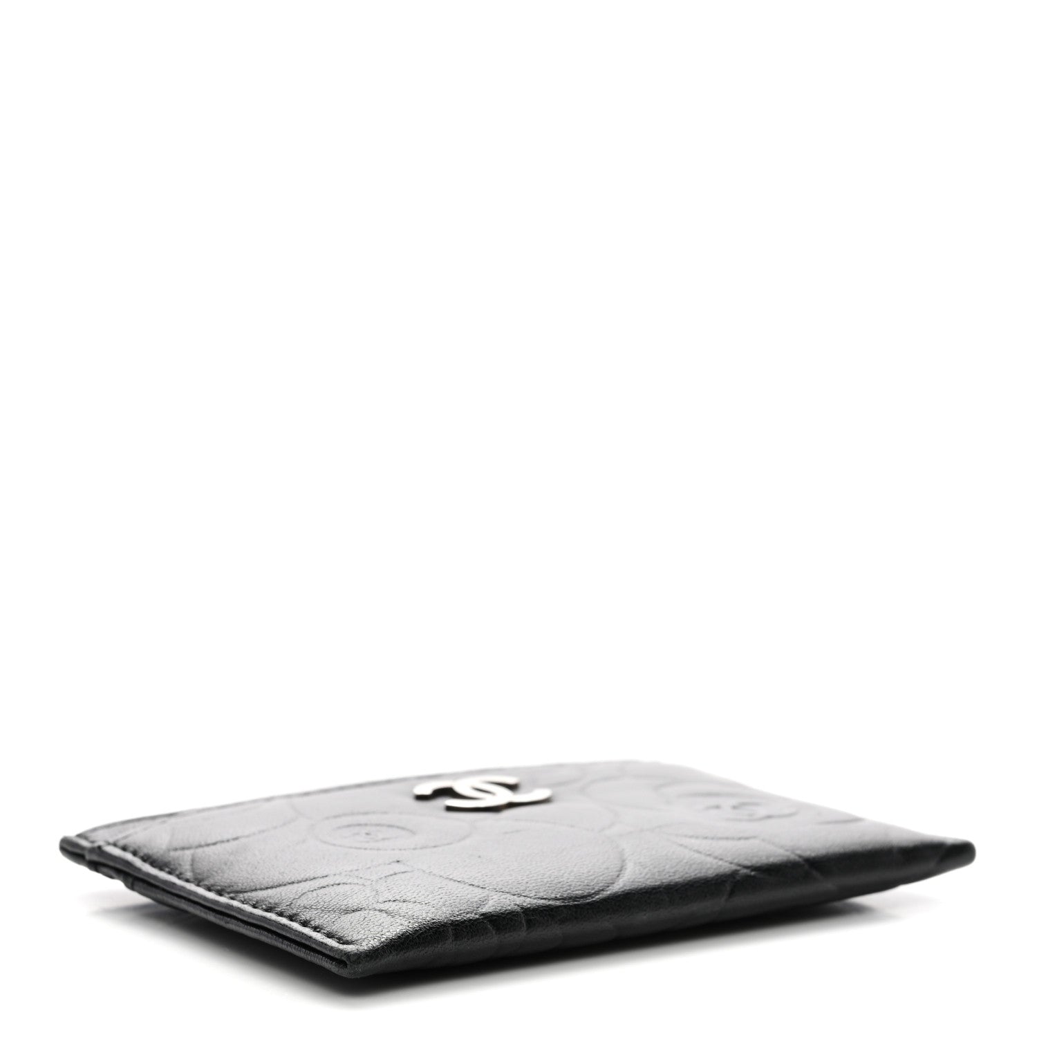 Lambskin Camellia Embossed Card Holder Black