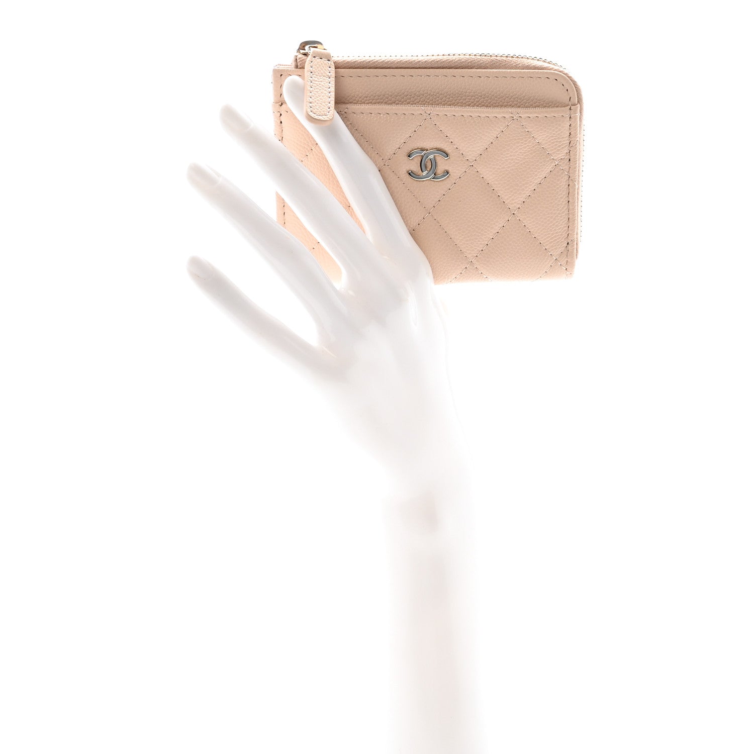 Caviar Quilted CC Zip Around Card Holder Beige