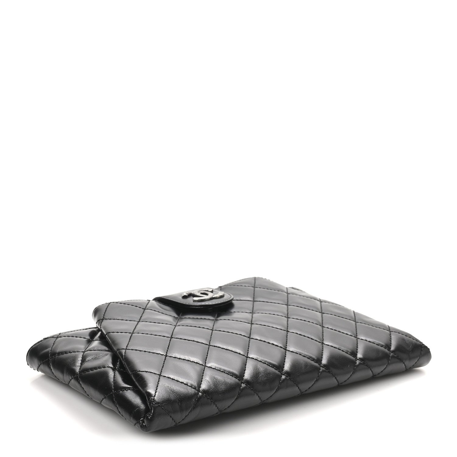 Glazed Calfskin Quilted Coco Pleats Clutch Black