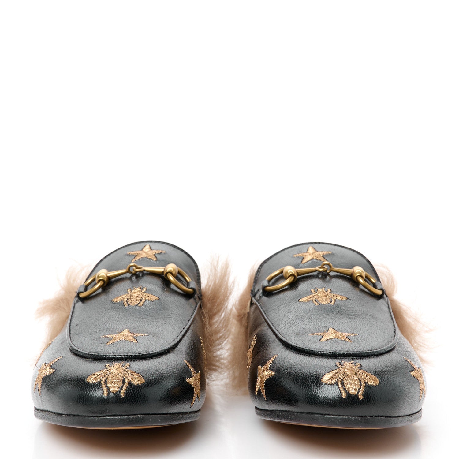 Goatskin Fur Bee Star Embroidered Womens Princetown Slippers 35.5 Black