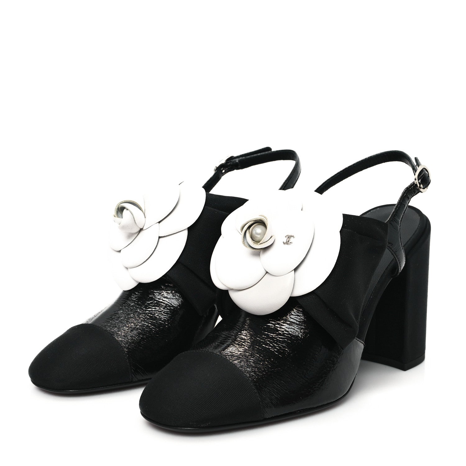 Crumpled Shiny Fabric Grosgrain Cap Toe Camellia Bow Slingback Pumps 38 Black