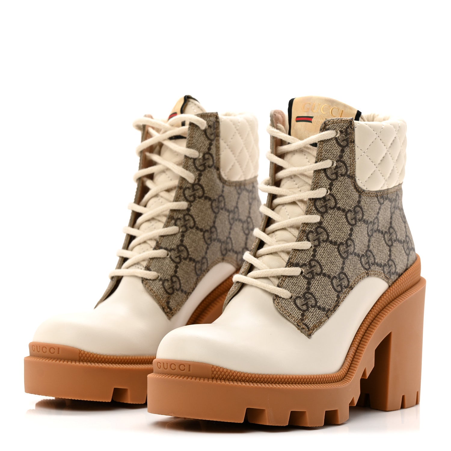 Calfskin GG Supreme Monogram Nappa Quilted Lace Up Ankle Boots 35 Mystic White Beige