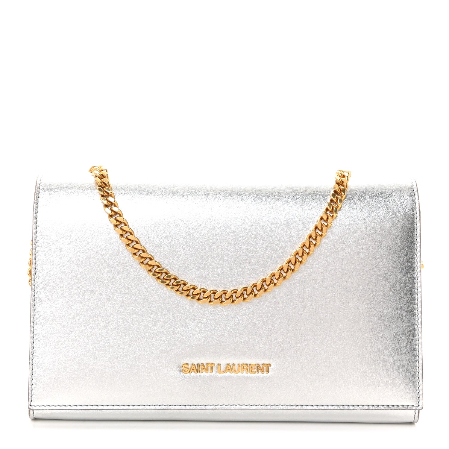 Metallic Grained Calfskin Classic Letters Chain Wallet Argento