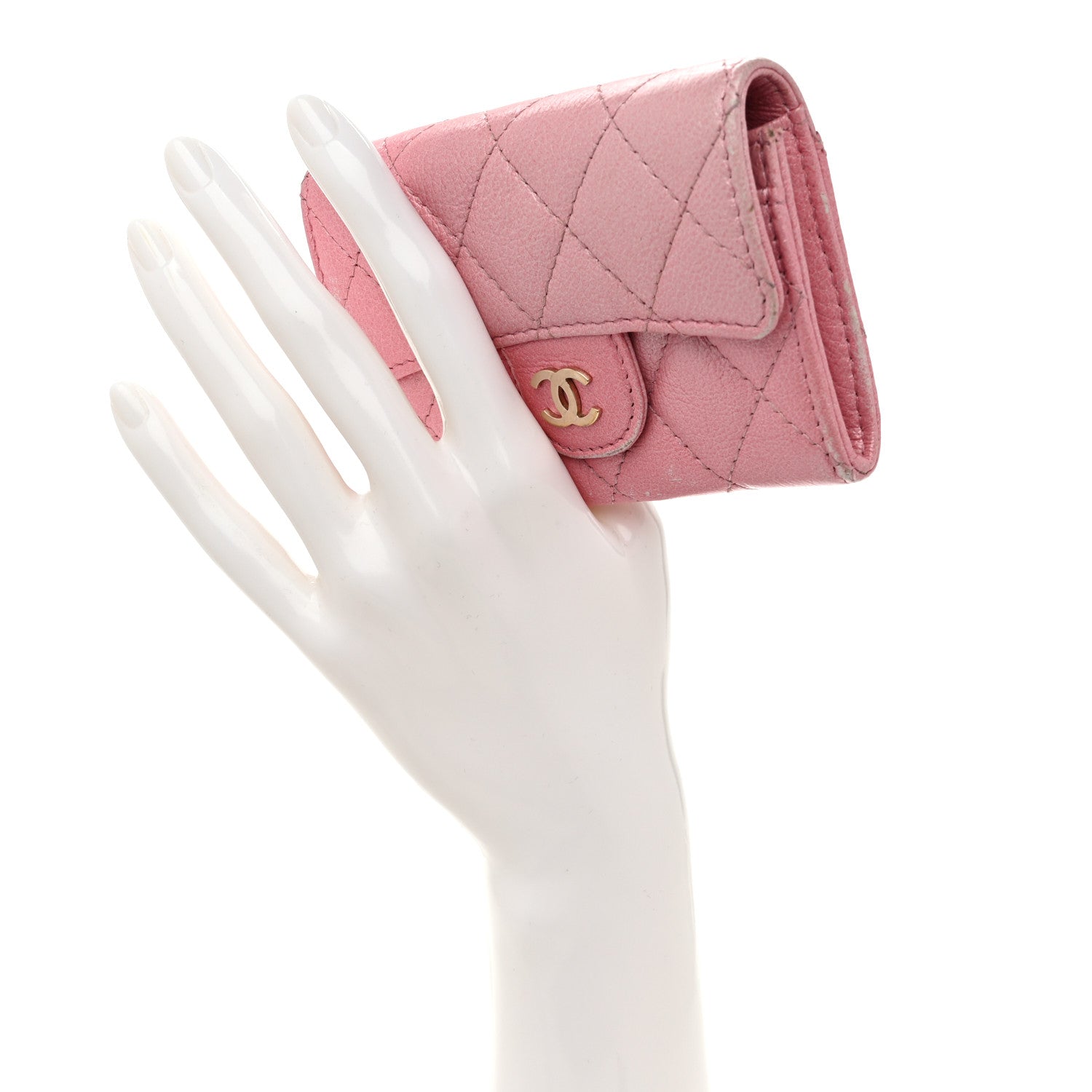 Iridescent Aged Calfskin Quilted Flap Card Holder Wallet Pink