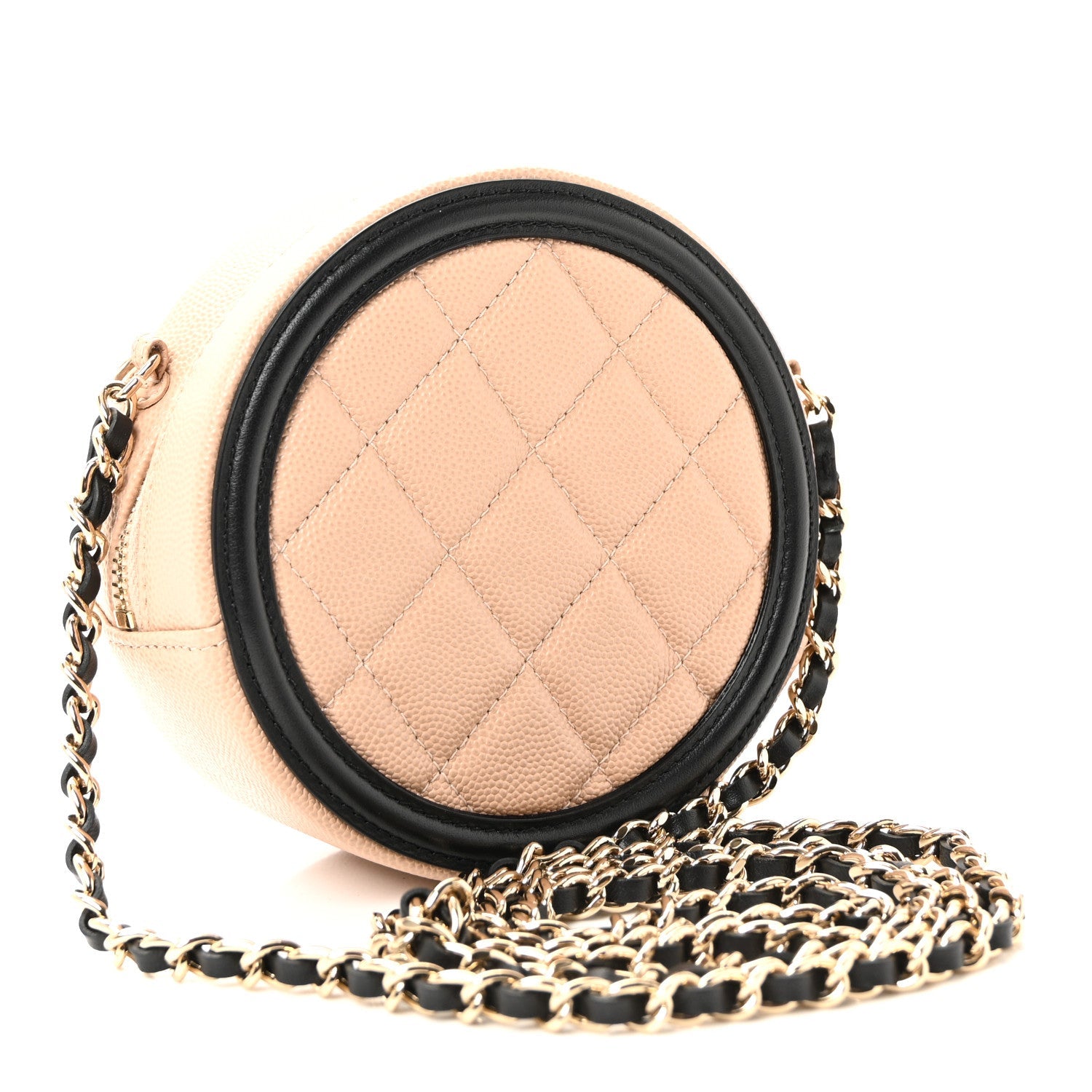 Caviar Quilted Round Filigree Crossbody Beige Black