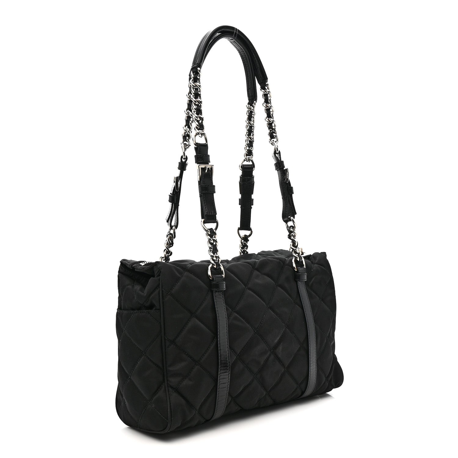 Nylon Tessuto Quilted Chain Shoulder Bag Black