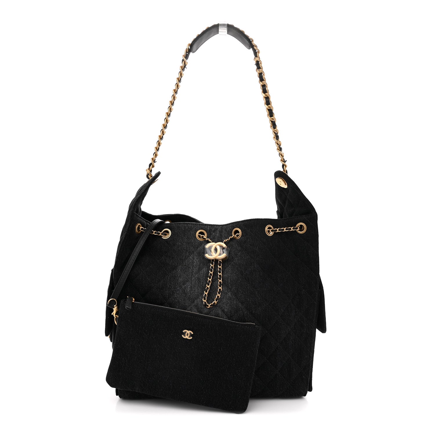 Washed Denim Quilted Medium Chanel 25 Handbag Black