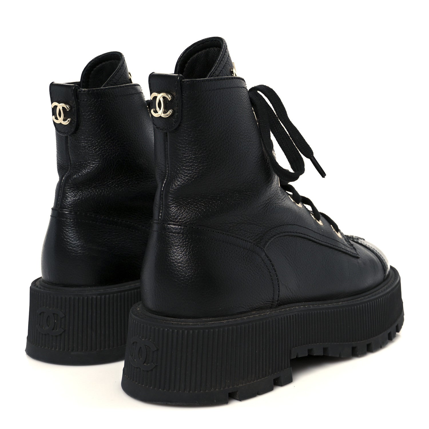Grained Calfskin Shiny Calfskin CC Lace Up Combat Boots 37.5 Black