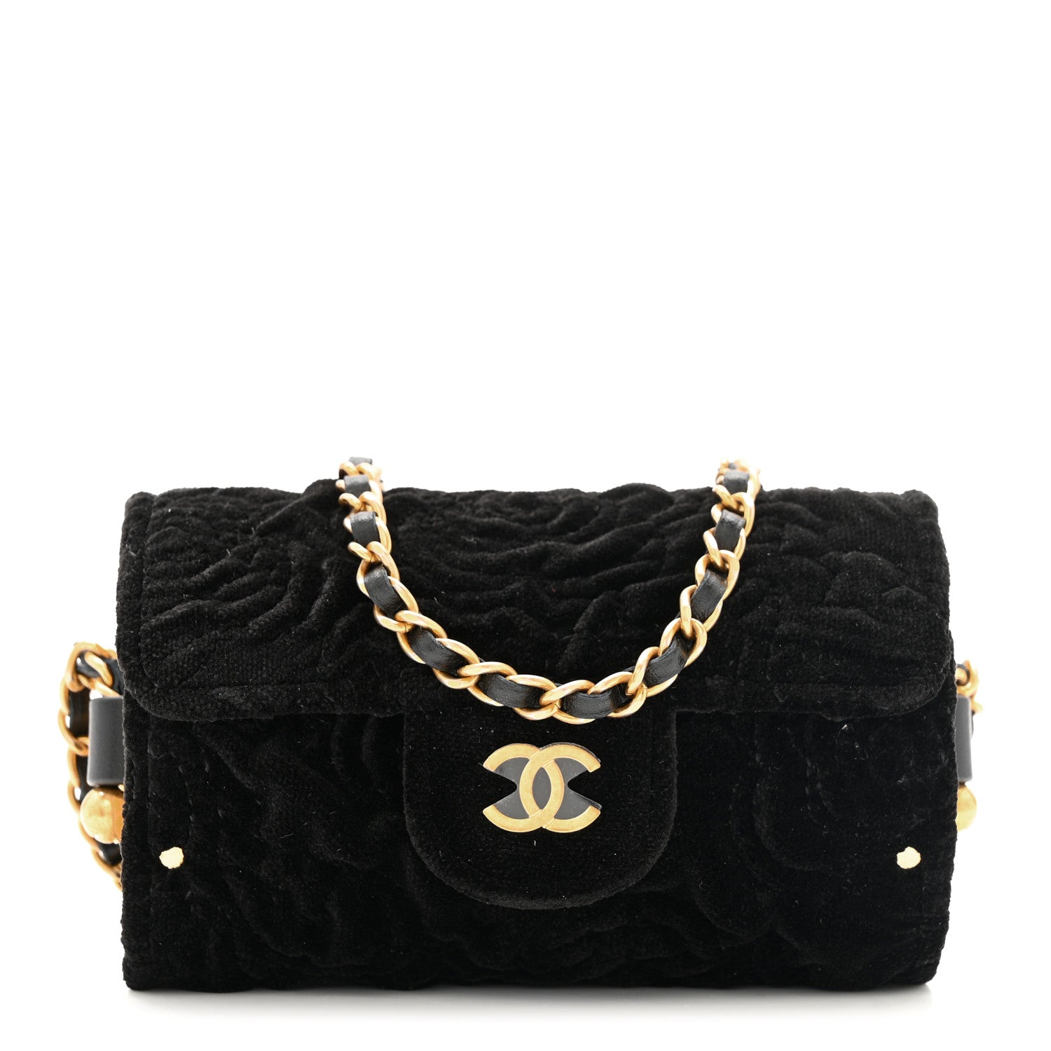 Velvet Camellia Embossed Jewel Belt Card Holder With Chain Black