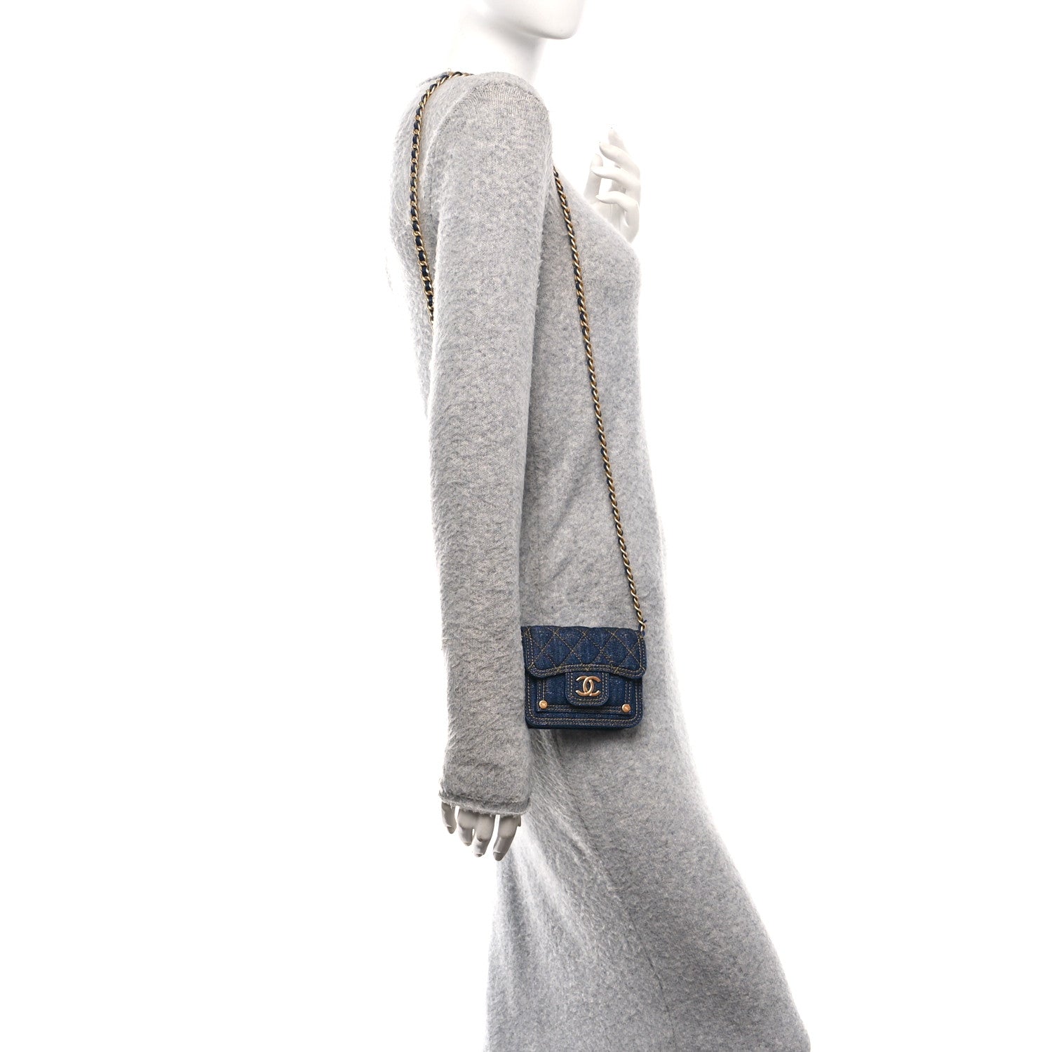 Denim Quilted Double You Card Holder On Chain Blue