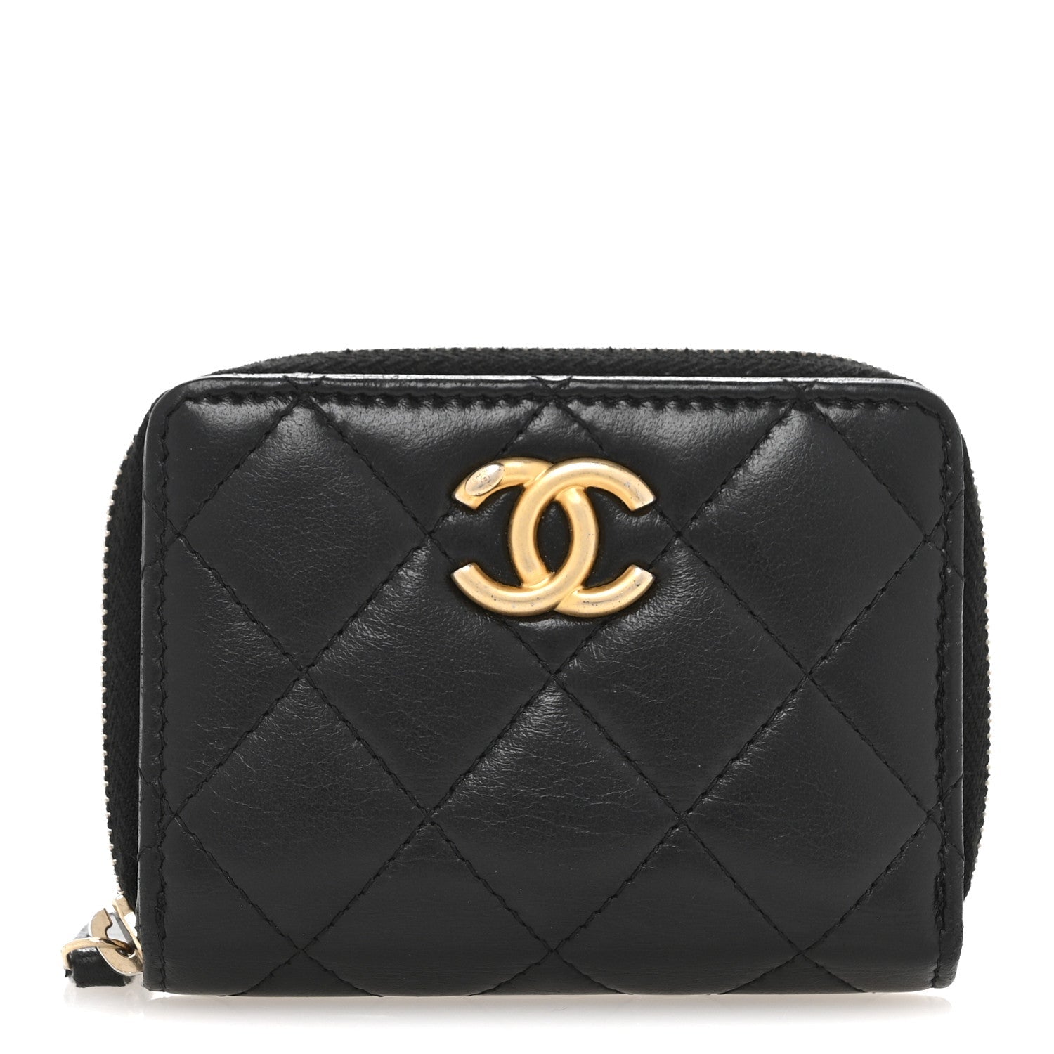 Lambskin Quilted Compact Zipped Wallet Black