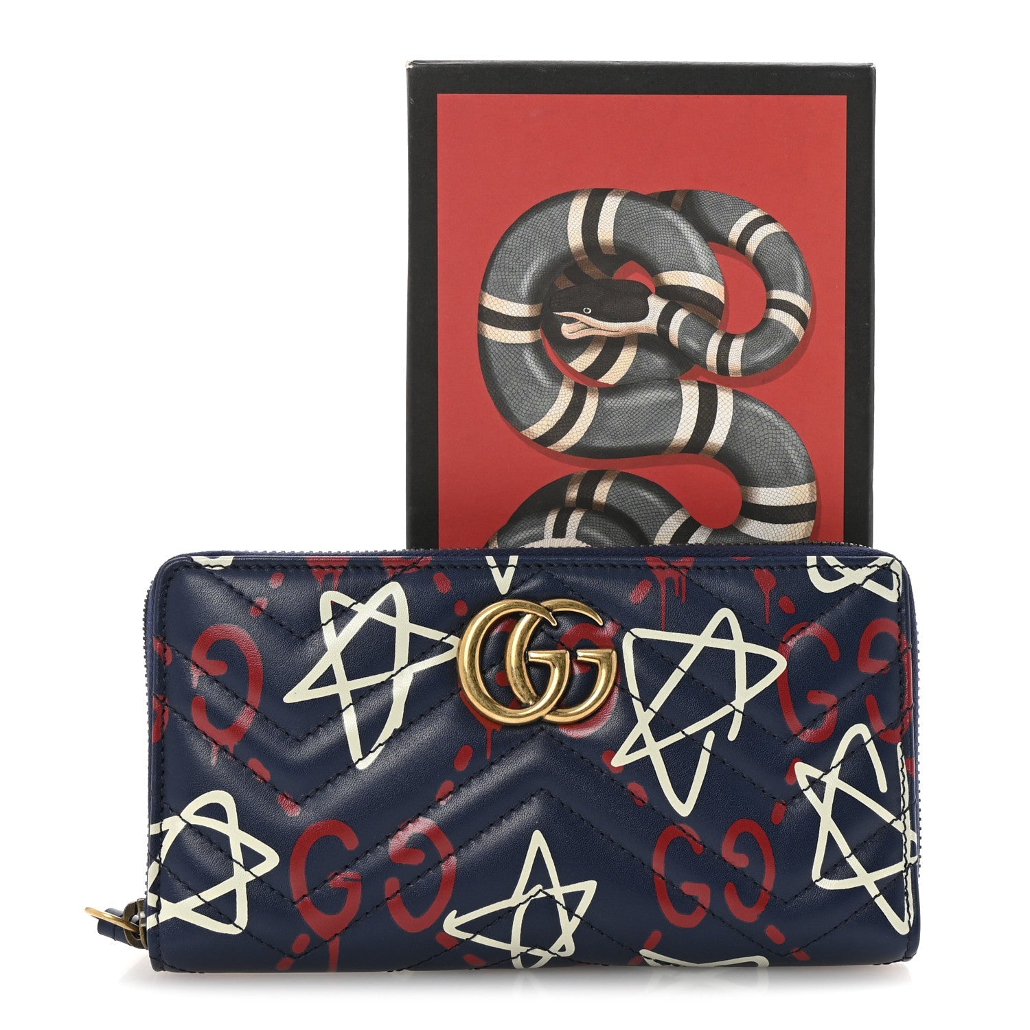 Calfskin Matelasse GucciGhost GG Marmont Zip Around Wallet Blue Agata Hibiscus Red