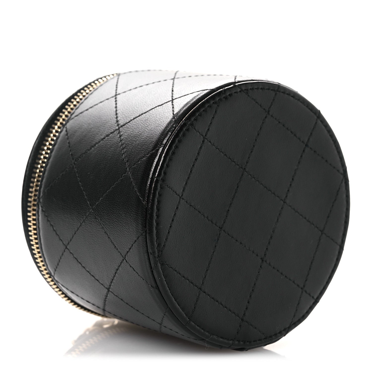 Lambskin Quilted Round Small Vanity Case With Chain Black