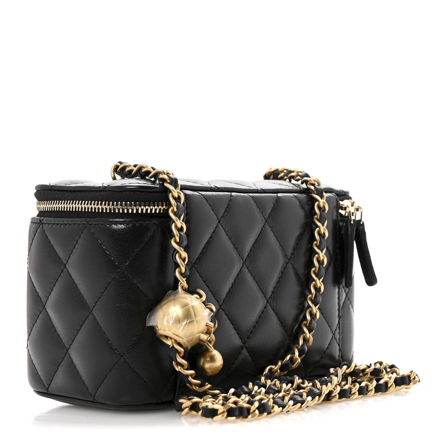Lambskin Quilted Small Pearl Crush Vanity Case With Chain Black