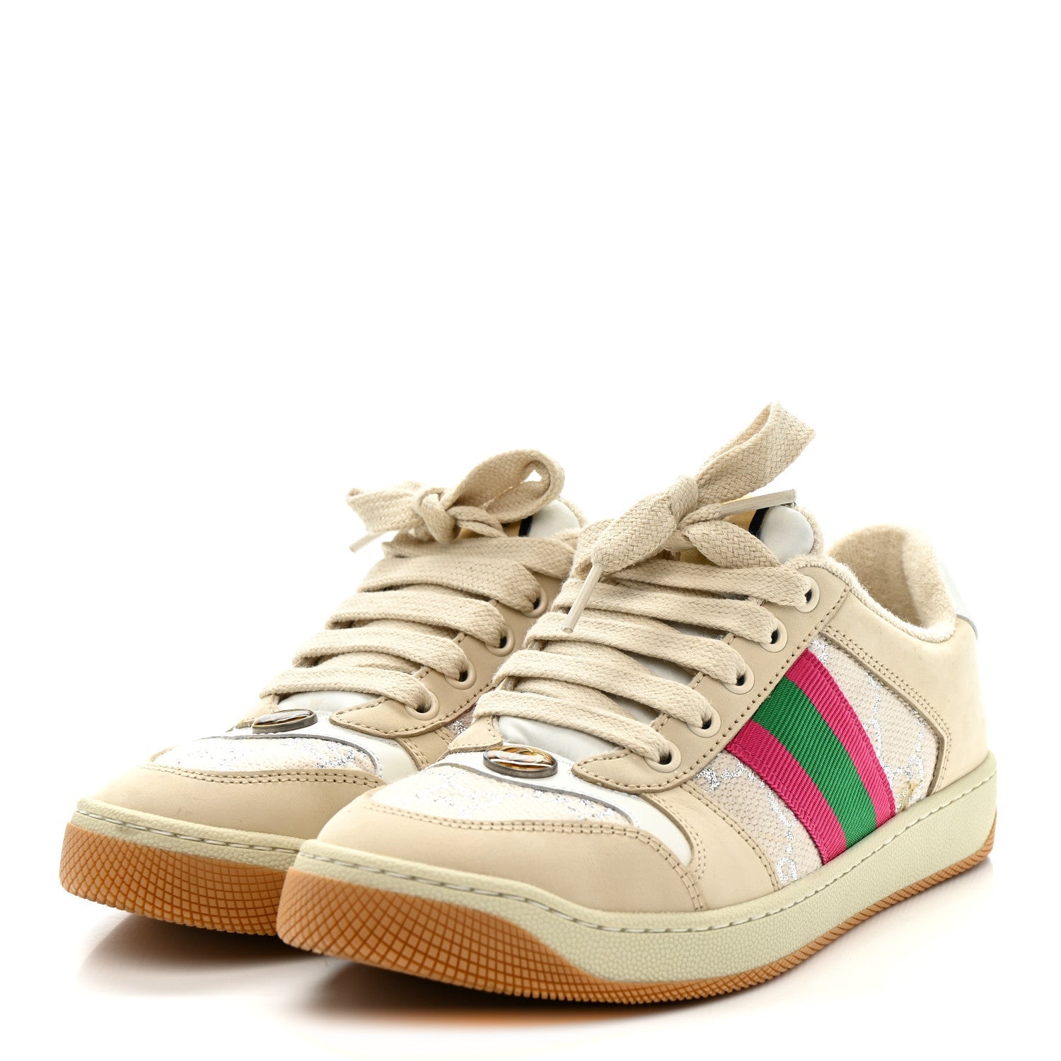 Lame GG Monogram Nubuck Web Screener Sneakers 36 Gardenia Silver Dusty Milk White