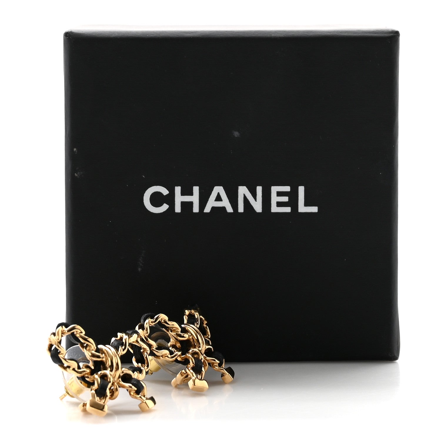 Lambskin Chain Bow Stud Earrings Black Gold