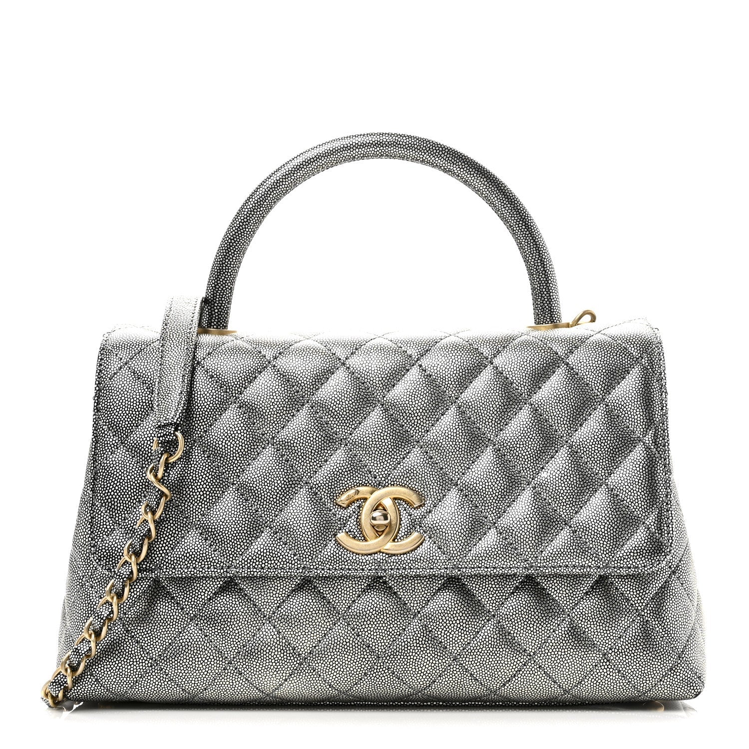 Metallic Caviar Quilted Small Coco Handle Flap Silver