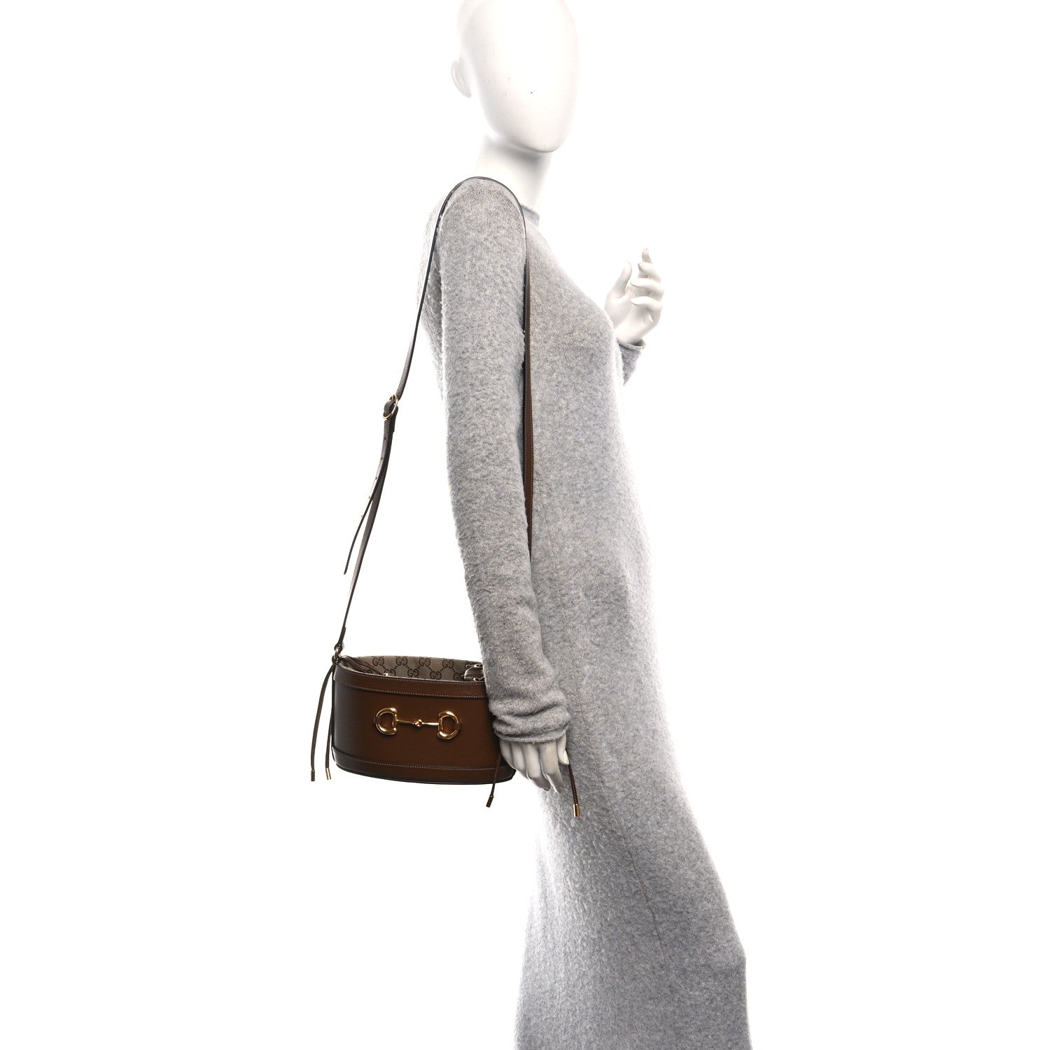 Monogram Textured Calfskin Horsebit 1955 Drawstring Bucket Bag Beige Brown Sugar