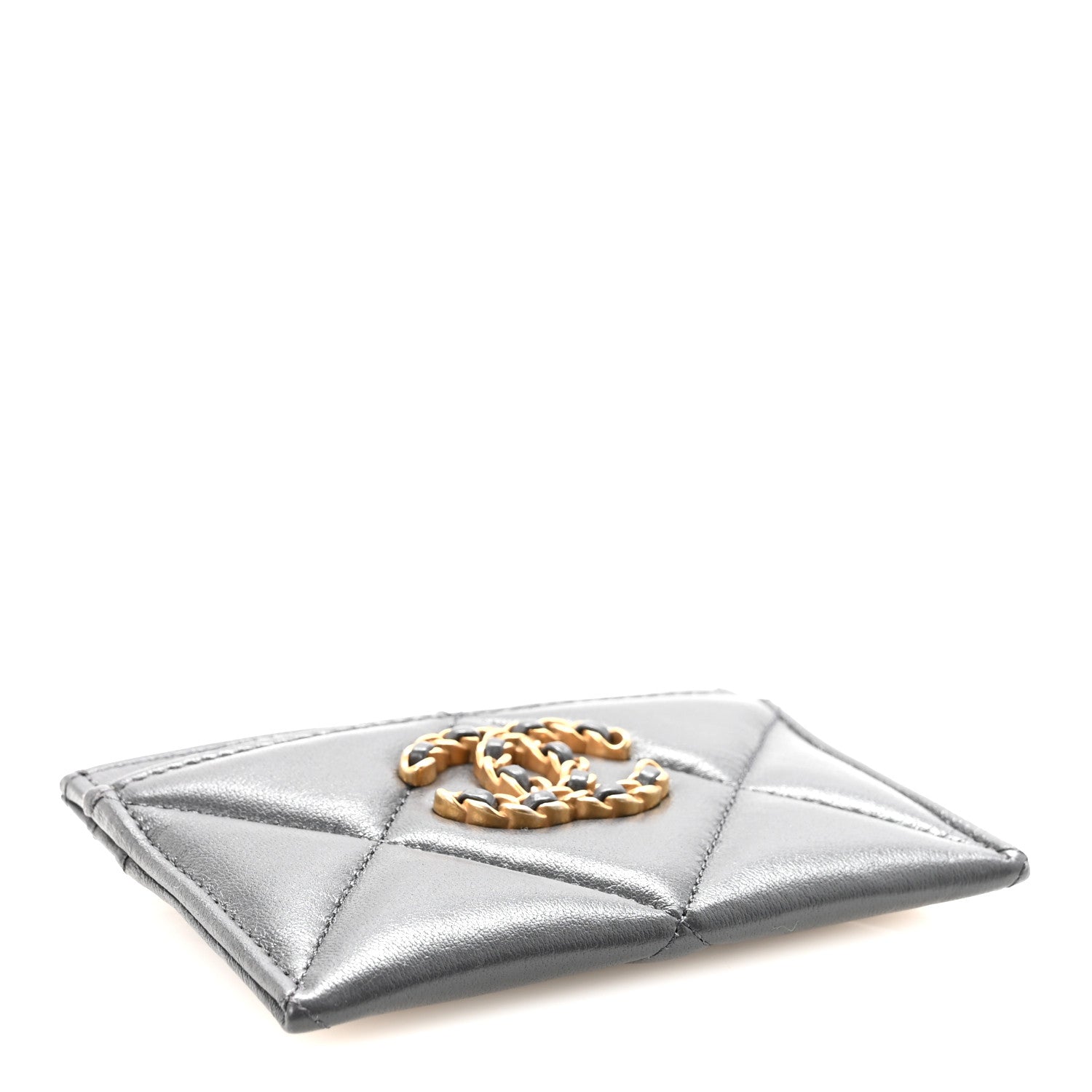 Shiny Goatskin Quilted Chanel 19 Card Holder Dark Grey