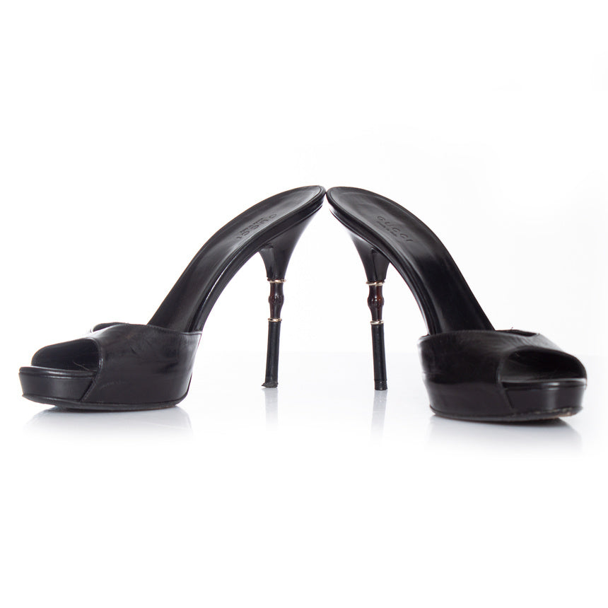 Women's Gucci Black leather mule sandal with bamboo heel