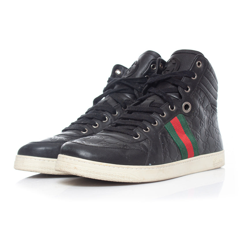 Men's Gucci GG leather high top trainers with web detail