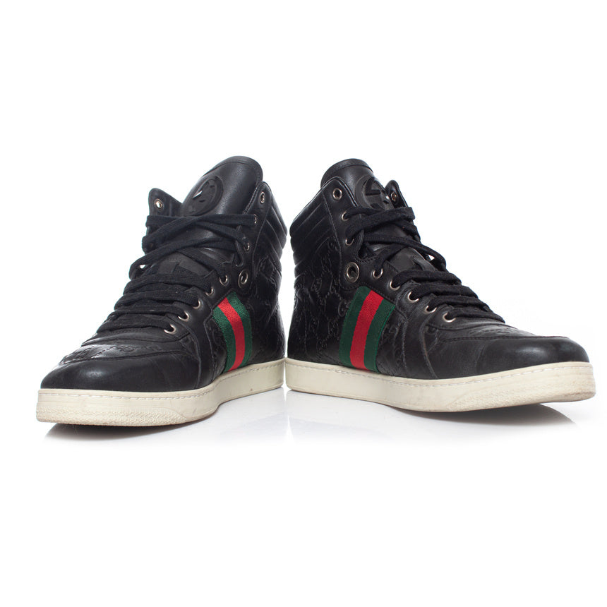 Men's Gucci GG leather high top trainers with web detail