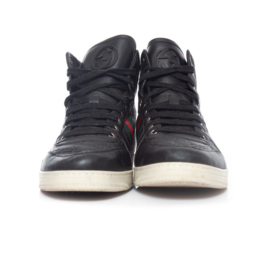 Men's Gucci GG leather high top trainers with web detail