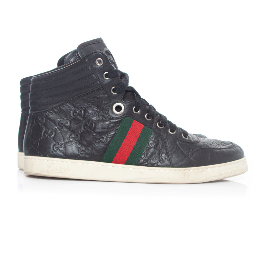 Men's Gucci GG leather high top trainers with web detail