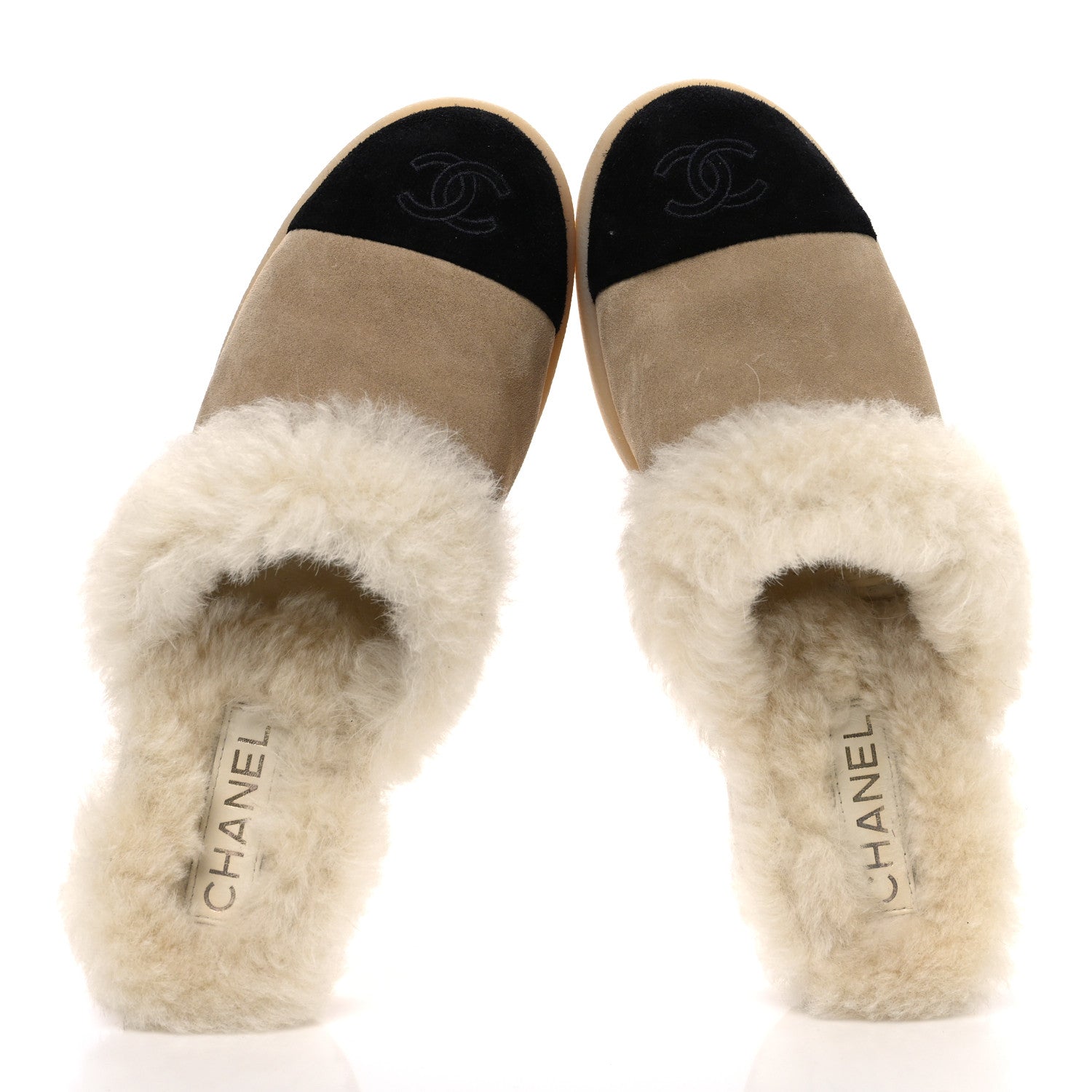 Suede Shearling CC Cap Toe Mules 41 Beige Black