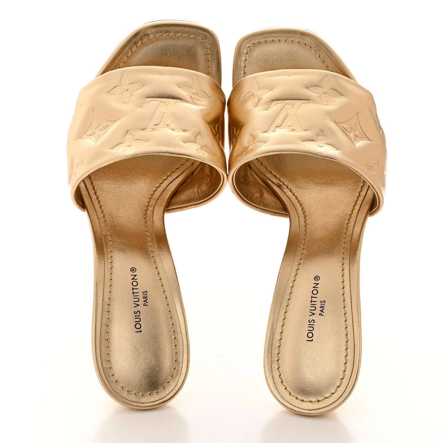 Metallic Lambskin Embossed Monogram Revival High Heel Mules 36.5 Gold