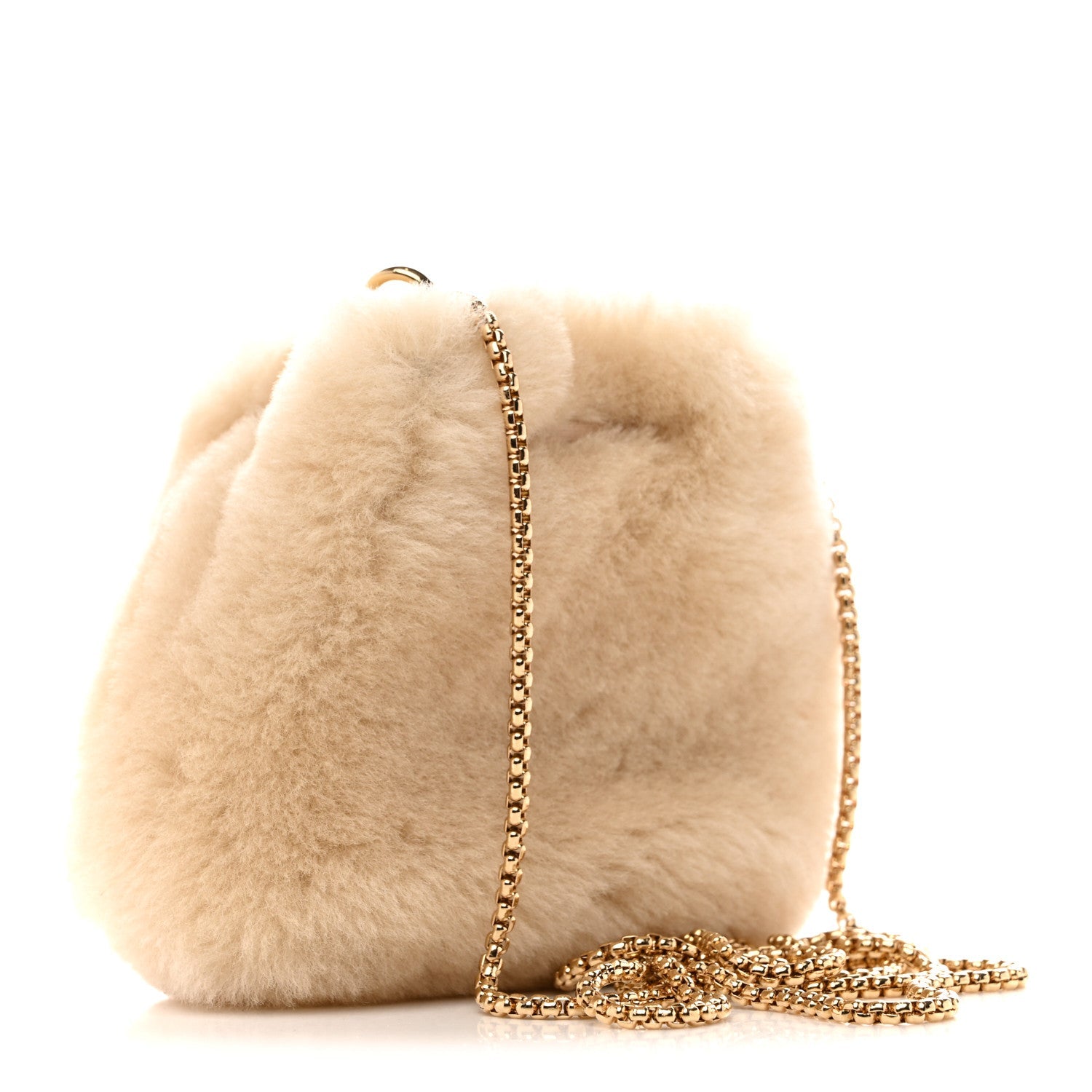 Shearling Metal Triangle Logo Mini Drawcord Pouch Shoulder Bag Ecru