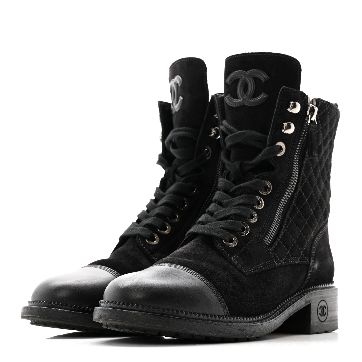 Suede Calfskin Quilted Lace Up Boots 38 Black